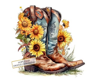 Cowboy Boots with Sunflowers Clipart Bundle- 10 High Quality Watercolor JPGs- Western Art, Journaling, Scrapbook Supply, Digital Download