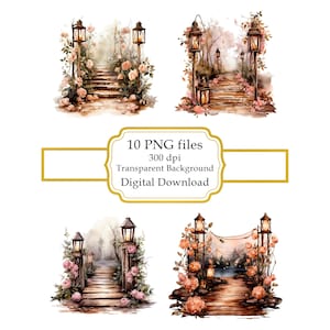 Rustikaler Weg mit Laternen und rosa Blumen PNG Clipart Bundle- Digital Download