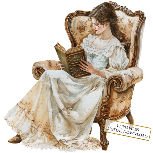 Victorian Reading Woman in Armchair Clipart Bundle- 10 High Quality Watercolor JPGs- Vintage, Journaling, Scrapbooking, Digital Download