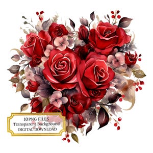 Pacote de clipart de buquê de rosas vermelhas em formato de coração - 10 PNGs de aquarela de alta qualidade - Dia dos Namorados, Diário, Suprimentos para Scrapbook, Download digital