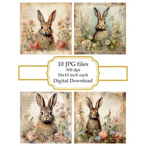 Shabby Chic Hare with Flowers JPG Clipart Bundle- Digital Download