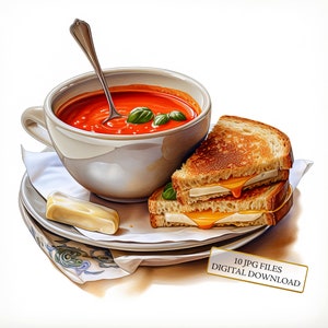 Paquete de imágenes prediseñadas de sopa de tomate y sándwich de queso a la plancha: 10 archivos JPG de acuarela de alta calidad. Cocina, diario, álbumes de recortes, descarga digital.