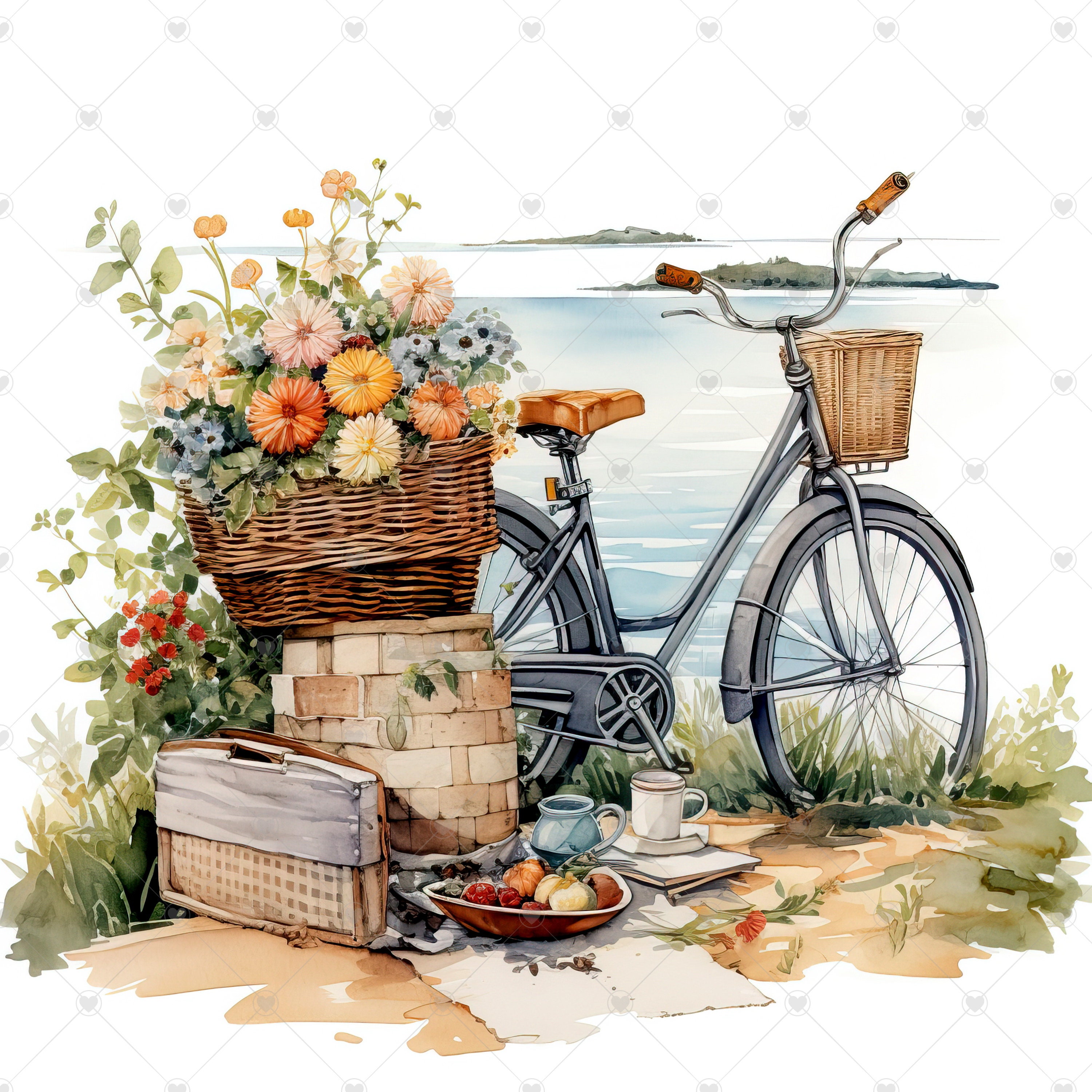 Bicycle With Picnic Basket Scenery Clipart Bundle 10 High - Etsy