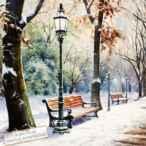 Pacote de clipart de parque coberto de neve em cenário de inverno - 10 JPGs de aquarela de alta qualidade - artesanato, diário, suprimentos para scrapbook, download digital