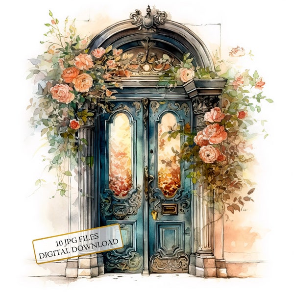Antique Floral Front Door Clipart Bundle- 10 High Quality Watercolor JPGs- Home, Journaling, Scrapbook Supply, Digital Download