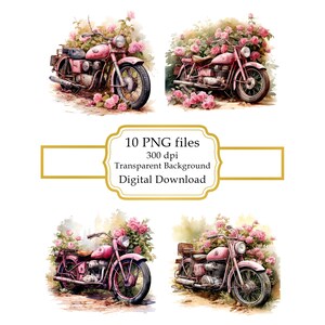 Vintage Pink Motorbike with Pink Roses PNG Clipart Bundle- Digital Download
