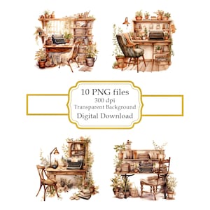 Escritorio de escritor acogedor y desordenado con máquina de escribir (imágenes prediseñadas) - Descarga digital