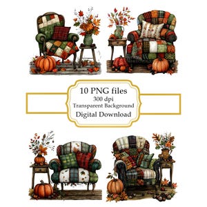 Mysig fåtölj med höstpatchwork och dekor PNG Clipart-paket - digital nedladdning