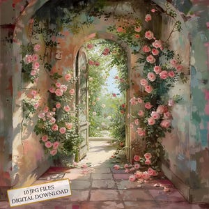 Porta coberta de rosas cor-de-rosa que leva ao jardim Clipart Bundle - 10 JPGs de aquarela de alta qualidade - Diário, álbum de recortes, download digital