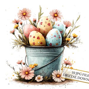 Paquete de imágenes prediseñadas de huevos de Pascua en un cubo rústico con flores primaverales: 10 archivos JPG de acuarela de alta calidad para diario, scrapbooking y descarga digital.