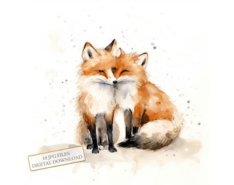 Adorable Fox Couple Cuddled Up in Winter JPG Clipart Bundle- Digital Download
