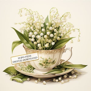 Tasse à thé avec du muguet à l'intérieur des cliparts - 10 JPG aquarelles de haute qualité - créations artisanales, journalisation, fournitures de scrapbooking, téléchargement numérique