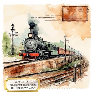 Vintage Zug Station Postkarte Clipart Bundle - 10 hochwertige Aquarell PNGs - Basteln, Journaling, Scrapbook Versorgung, digitaler Download
