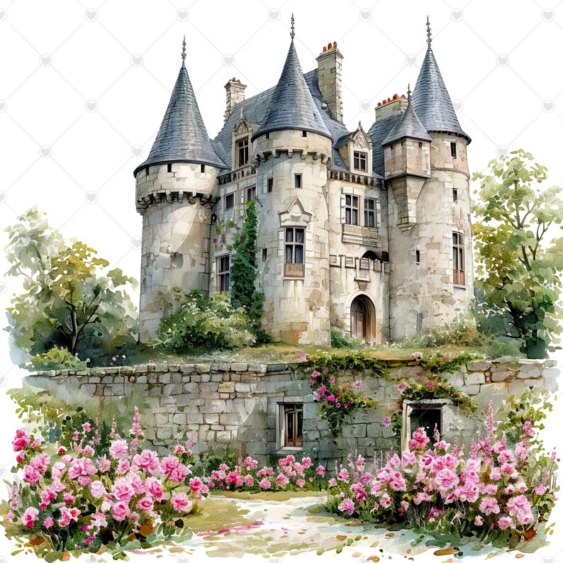 French Castle Overgrown with Flowers PNG Clipart Bundle- Digital Download image 7