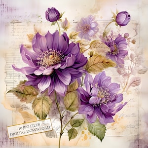 Shabby Chic fleurs violettes ans papier Clipart Bundle-10 haute qualité aquarelle JPGs-decoupage journalisation, fournitures de scrapbooking, téléchargement numérique
