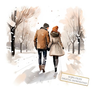 Paquete de imágenes prediseñadas de pareja caminando en un paisaje invernal: 10 imágenes JPG de acuarela de alta calidad. Arte para el amor, diario, material para álbumes de recortes, descarga digital.