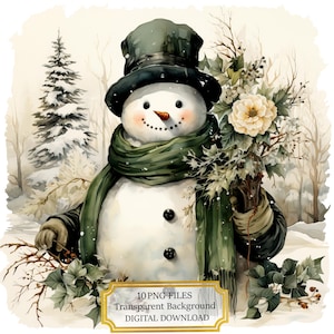 Vintage Snowman in Winter Scenery Clipart Bundle- 10 High Quality Watercolor PNGs- Christmas, Craft, Scrapbook Supply, Digital Download