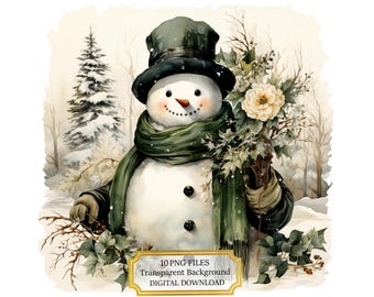 Vintage Snowman in Winter Scenery PNG Clipart Bundle- Digital Download