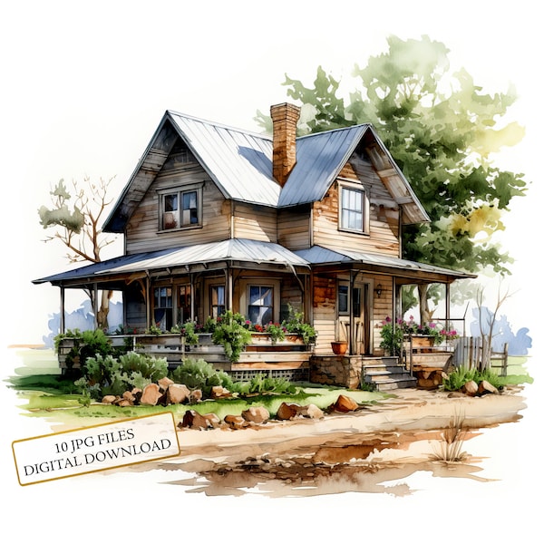 Rustic Farmhouse Clipart Bundle- 10 High Quality Watercolor JPGs- Home Art, Crafting, Junk Journaling, Scrapbooking, Digital Download
