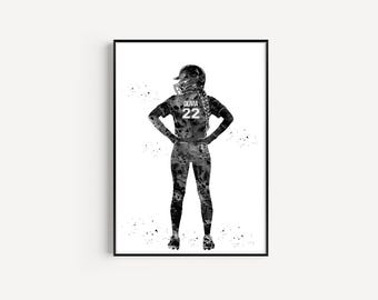 Female Softball Player, Personalized Name and Number, Sport, Watercolor Art Gift, Printable Poster