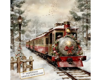 Vintage Christmas Train Leaving Snowy Town JPG Clipart Bundle- Digital Download