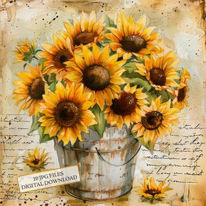 Paquete de imágenes prediseñadas de un cubo de girasoles estilo shabby chic: 10 archivos JPG de acuarela de alta calidad. Material para manualidades, diarios, álbumes de recortes y descarga digital.