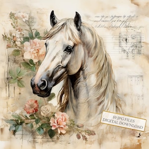 Paquete de imágenes prediseñadas de caballo blanco floral shabby chic sobre letras vintage: 10 archivos JPG de acuarela de alta calidad para diario, scrapbooking y descarga digital.