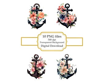 Floral Anchor PNG Clipart Bundle- Digital Download