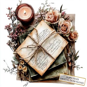 Paquete de imágenes prediseñadas de letras, flores y velas vintage: 10 archivos JPG de acuarela de alta calidad para manualidades, diarios, álbumes de recortes y descargas digitales.