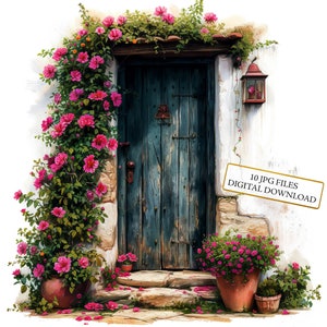 Rustikale blaue Cottage Tür mit rosa Blumen Clipart Bundle - 10 hochwertige Aquarell JPGs - Handwerk, Journaling, Scrapbook, digitaler Download