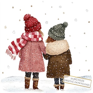 Adorables niños pequeños abrazándose en la nieve: 10 imágenes en acuarela de alta calidad (JPG) para invierno, diario, scrapbooking y descarga digital.