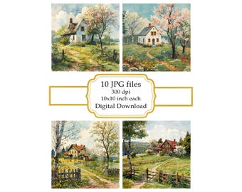 Old House in Spring Countryside JPG Clipart Bundle- Digital Download
