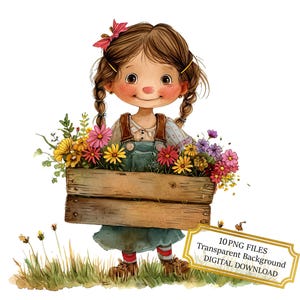 Entzückendes kleines Mädchen-Gartenarbeit-Clipart-Bundle - 10 hochwertige Aquarell-PNGs - Kinderzimmerkunst, Journaling, Scrapbook-Versorgung, digitaler Download
