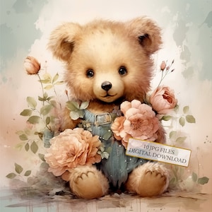Shabby chique teddybeer met bloemen clipartbundel-10 hoge kwaliteit aquarel jpg's-kwekerij kunst, journaling, plakboek, digitale download