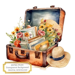 Pacote de Clipart de Mala Vintage com Lembranças - 10 PNGs de Aquarela de Alta Qualidade - Arte de Férias, Diário, Álbum de Recortes, Download Digital