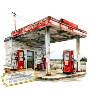 Retro Gas Station Clipart Bundle- 10 High Quality Watercolor PNGs- Crafting, Journaling, Scrapbook Supply, Digital Download