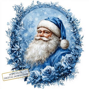 Père Noël vintage bleu dans un cadre ornemental Clipart Bundle-10 JPG aquarelles de haute qualité-Noël, journalisation, scrapbooking, téléchargement numérique