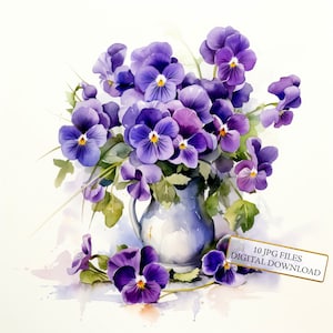 Vaso de violetas Clipart Bundle - 10 JPGs de aquarela de alta qualidade - Arte de jardim, diário, material para scrapbook, download digital