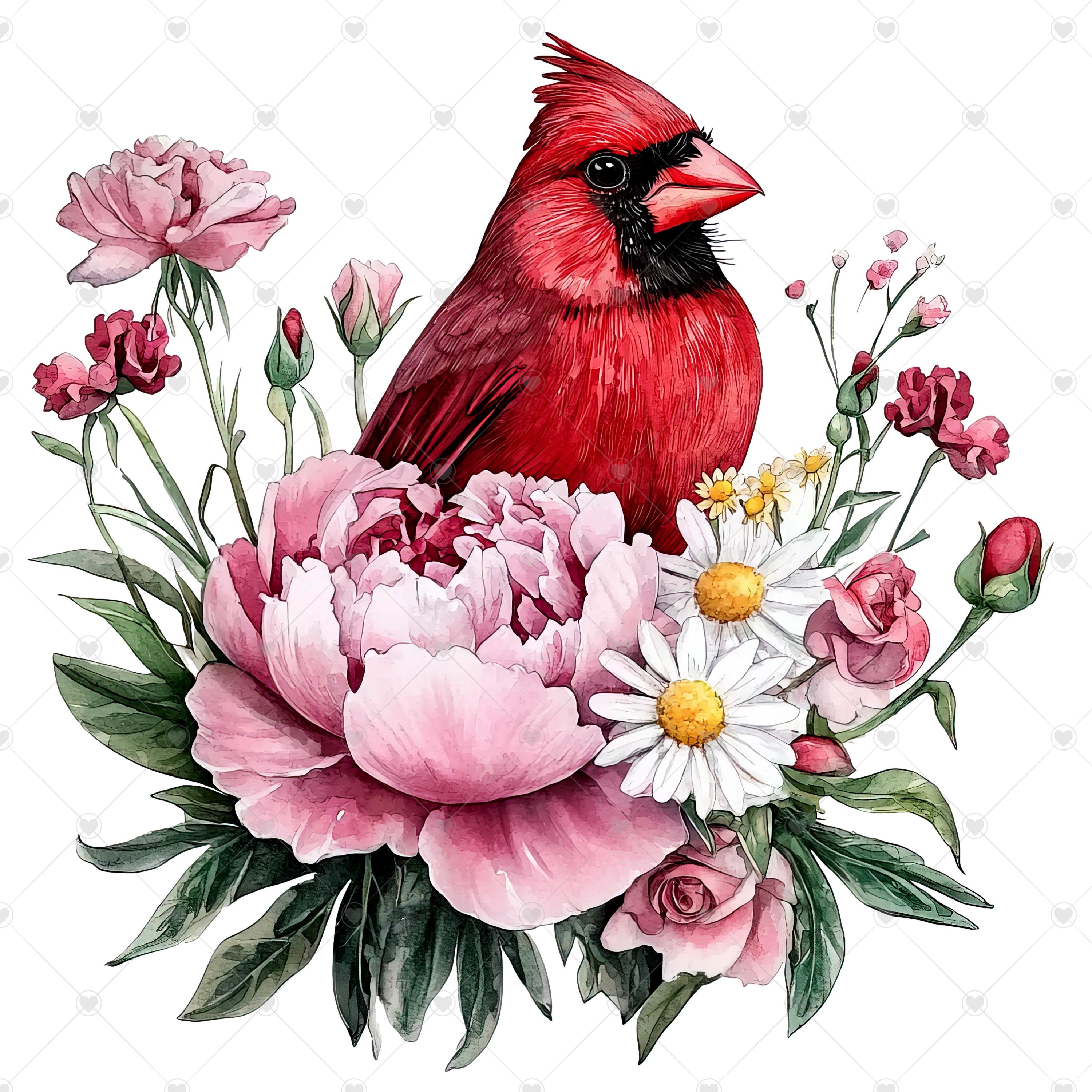 Red Cardinal on a Bouquet of Peonies, Roses and Daisies PNG Clipart ...