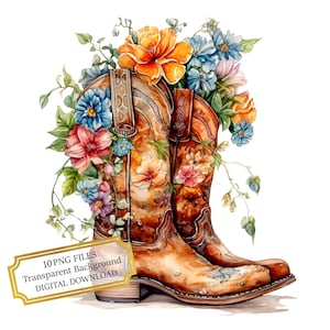 Pacote de Clipart de Botas de Cowboy com Flores - 10 PNGs de aquarela de alta qualidade - Arte Ocidental, Diário, Suprimentos para Scrapbook, Download Digital