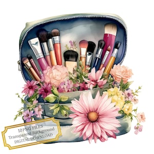 Bundle de cliparts pour trousse de maquillage floral - 10 PNG aquarelles de haute qualité - créations, création d'un journal, scrapbooking, téléchargement numérique