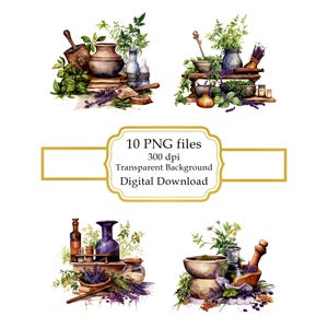 Pociones de bruja, mortero y maja con hierbas (imágenes prediseñadas) - Descarga digital