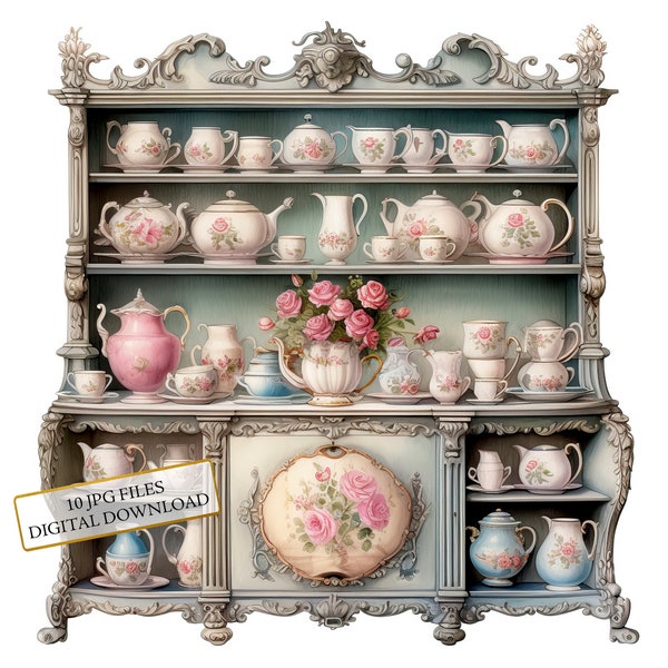 Ornate Rococo Cupboard with Ceramics Clipart Bundle- 10 High Quality Watercolor JPGs- Journaling, Scrapbooking, Digital Download