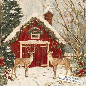 Hirsch von einer festlichen roten Scheune Clipart Bundle - 10 hochwertige Aquarell JPGs - Weihnachten, Journaling, Scrapbook Versorgung, digitaler Download