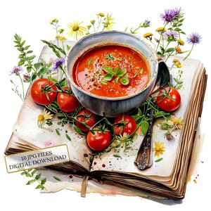 Soupe aux tomates avec livre de recettes et fleurs sauvages Clipart Bundle-10 JPG aquarelles de haute qualité-journal de cuisine, album de scrapbooking en téléchargement numérique