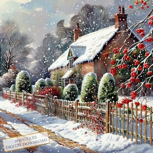 Bundle de cliparts clôture de jardin chalet enneigé - 10 JPG aquarelles de haute qualité - vacances d'hiver, journalisation, fournitures de scrapbooking, téléchargement numérique