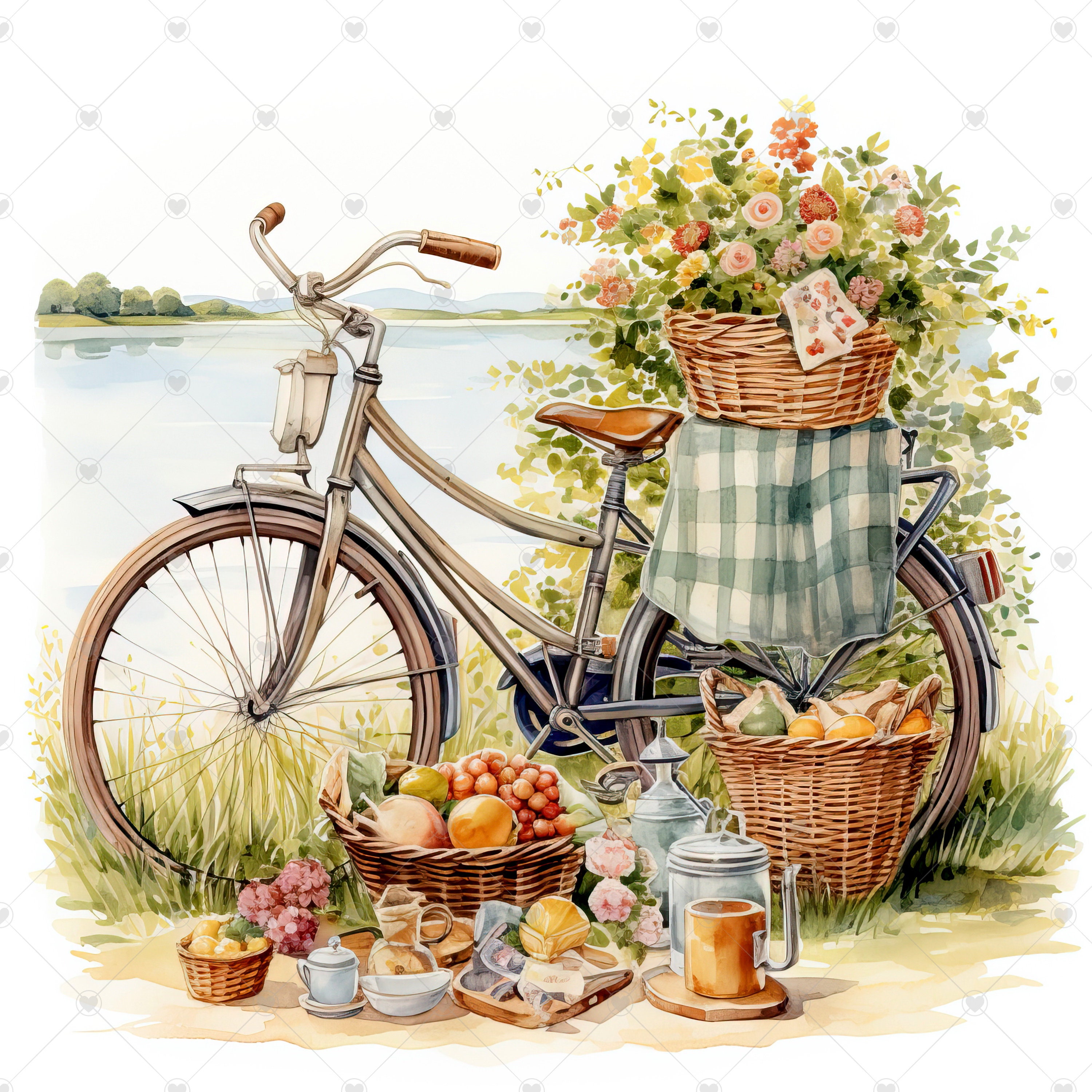 Bicycle With Picnic Basket Scenery Clipart Bundle 10 High - Etsy