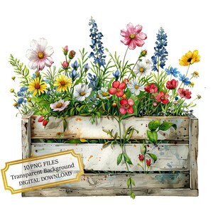 Frühlingsblumen in rustikalen weißen Holzkisten Clipart Bundle - 10 hochwertige Aquarell PNGs - Garten, Journaling, Scrapbook, digitaler Download