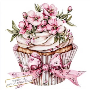 Paquete de imágenes prediseñadas de cupcakes florales rosas con lazo: 10 imágenes en acuarela de alta calidad (JPG) para postres, comida, diarios, álbumes de recortes y descargas digitales.