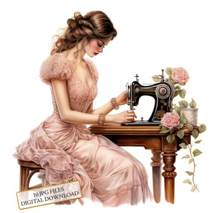 Pacchetto di clipart di cucito di ragazze vintage - 10 JPG di acquerelli di alta qualità - Forniture per artigianato, journaling, scrapbooking, download digitale